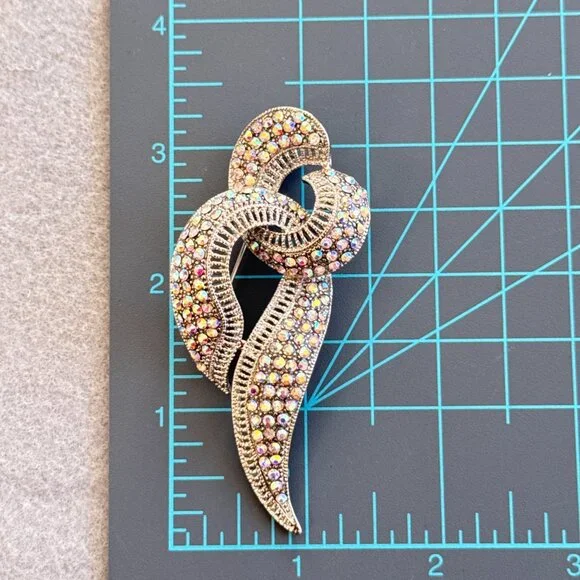 Brooch Ribbon Aurora Borealis Rhinestones Silver Tone Heavy Bling Sparkle - Picture 7 of 7
